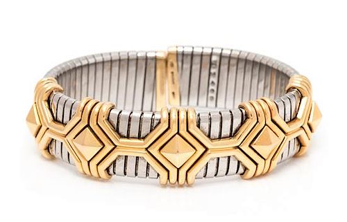 A Stainless Steel and 18 Karat Yellow Gold Tubogas Cuff Bracelet, Bvlgari, 51.90 dwts.