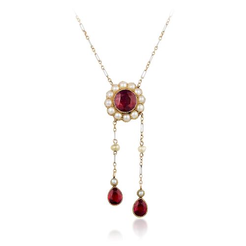 Antique Ruby and Pearl Necklace