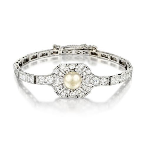 Art Deco Platinum Diamond and Pearl Bracelet