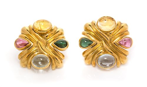 A Pair of 18 Karat Yellow Gold and Multigem Earclips