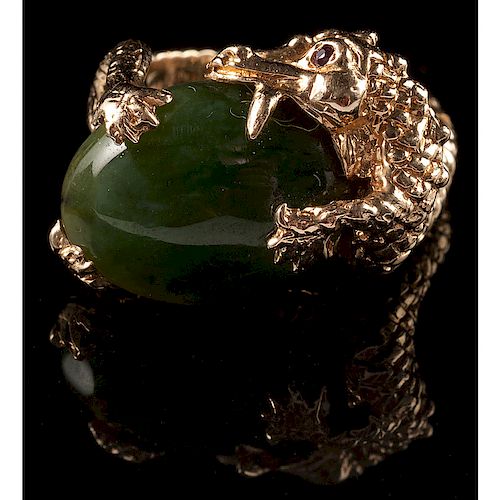 14k Gold Dragon Ring with Nephrite