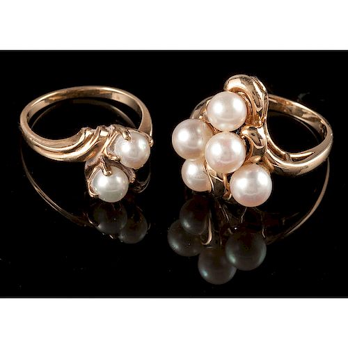 14k Gold Cultured Pearl Rings, Lot of Two