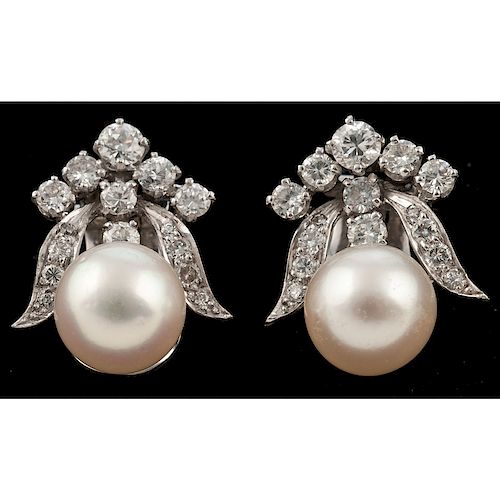 Platinum and 14k Gold Cultured Pearl and Diamond Earrings