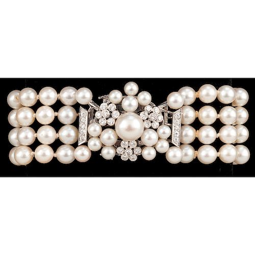 Cultured Pearl and Diamond Bracelet with Platinum and 14k Gold Diamond Clasp