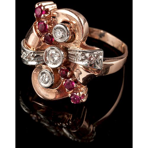 14k Rose Gold Retro Diamond and Ruby Ring