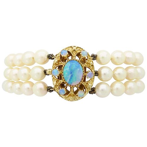 Estate 14k Triple Stranded Pearl and Opal Bracelet