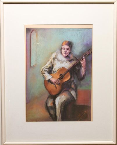 Harlequin with Guitar, Signed, Pastel on Paper