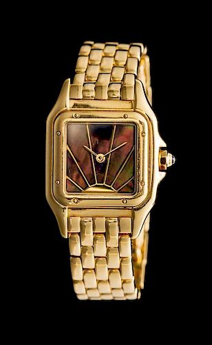 An 18 Karat Yellow Gold and Mother-of-Pearl Panthere Wristwatch, Cartier,