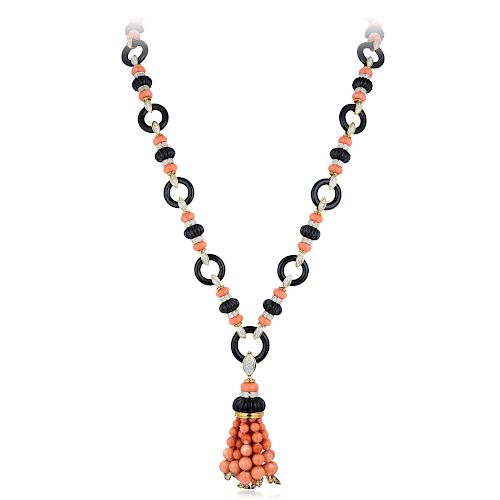 A Coral Onyx and Diamond Sautoir Tassel Necklace