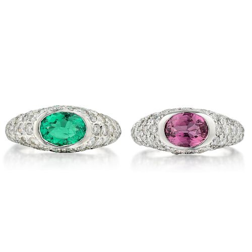 A Set of Emerald Pink Sapphire and Diamond Rings