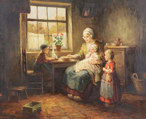 GRUST, F.G. Oil on Canvas. Woman and Children.