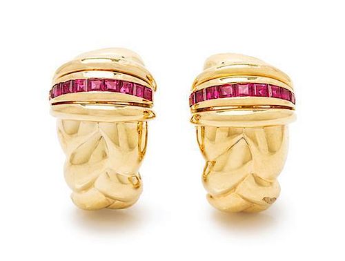 A Pair of 18 Karat Yellow Gold and Ruby Earrings, O.J. Perrin, Paris, 16.40 dwts.