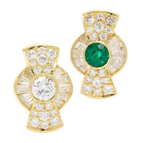 A Pair of 18 Karat Yellow Gold, Emerald and Diamond Earclips, Kurt Wayne, 7.20 dwts.