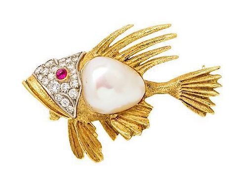 An 18 Karat Gold, Cultured Baroque Pearl, Diamond and Ruby Fish Brooch, 12.80 dwts.