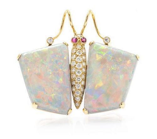 An 18 Karat Yellow Gold, Grey Opal, Diamond and Ruby Butterfly Pendant/Brooch, 13.20 dwts.