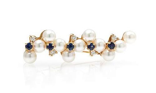 A 14 Karat Yellow Gold, Cultured Pearl, Sapphire and Diamond "Wave" Brooch, Tiffany & Co., Circa 1988, 3.70 dwts.