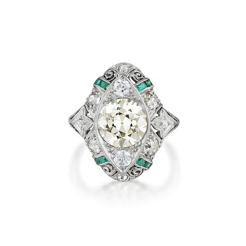 Art Deco Platinum Diamond and Emerald Ring