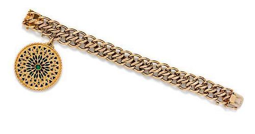 A 14 Karat Yellow Gold Bracelet with Polychrome Enamel Charm, 42.40 dwts.