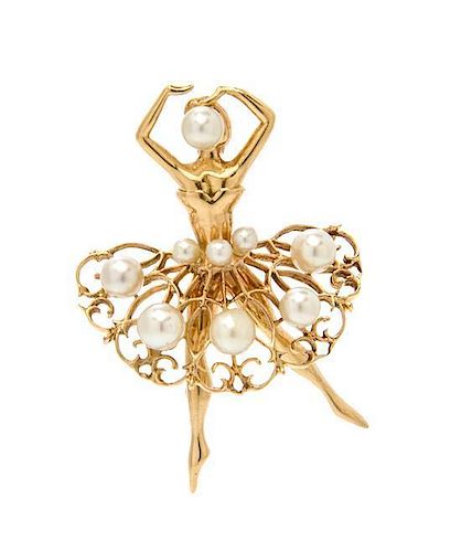 A 14 Karat Yellow Gold and Cultured Pearl Ballerina Brooch, 4.70 dwts.