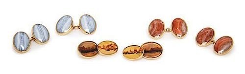 * A Collection of 9 Karat Yellow Gold and Agate Cufflinks, British, 17.70 dwts.