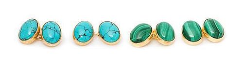 * A Collection of 9 Karat Yellow Gold, Malachite and Turquoise Cufflinks, British, 12.90 dwts.