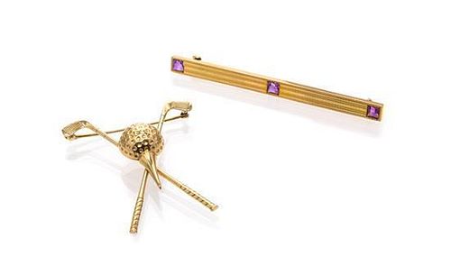 A Collection of 14 Karat Yellow Gold and Amethyst Brooches, 5.10 dwts.