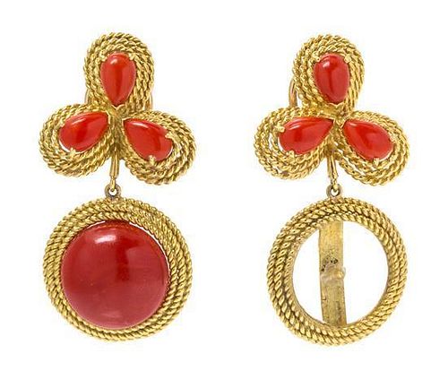 A Pair of 18 Karat Yellow Gold and Coral Earclips, 16.30 dwts.