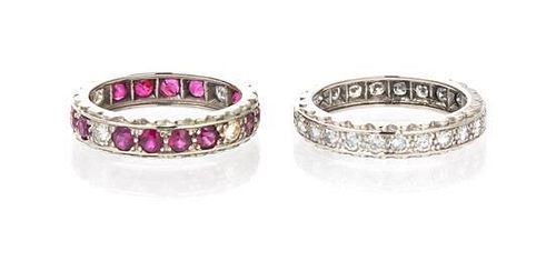 A Pair of White Gold, Diamond and Ruby Bands, 4.30 dwts.