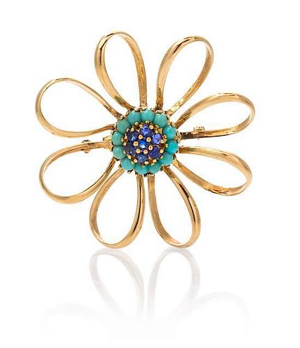 A 14 Karat Yellow Gold, Sapphire and Turquoise Brooch, 10.70 dwts.
