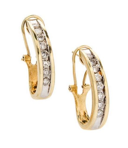 A Pair of 14 Karat Yellow Gold and Diamond Hoop Earclips, 4.50 dwts