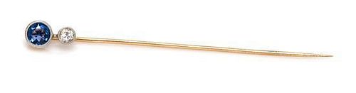 A Platinum Topped Yellow Gold, Sapphire and Diamond Stick Pin, 1.10 dwts.
