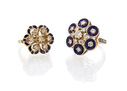 A Collection of Yellow Gold, Diamond and Enamel Cluster Rings, 10.20 dwts.