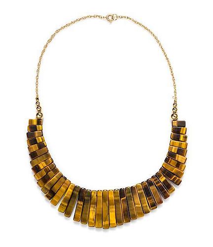 A 14 Karat Yellow Gold and Tiger's Eye Fringe Necklace, 23.00 dwts.