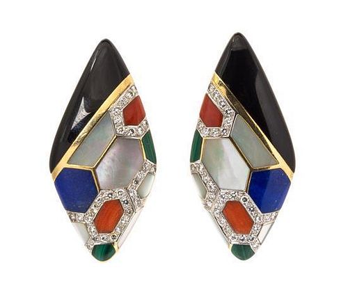 A Pair of Yellow Gold, Onyx, Mother-of-Pearl, Lapis, Coral and Malachite Earclips, 12.70 dwts.