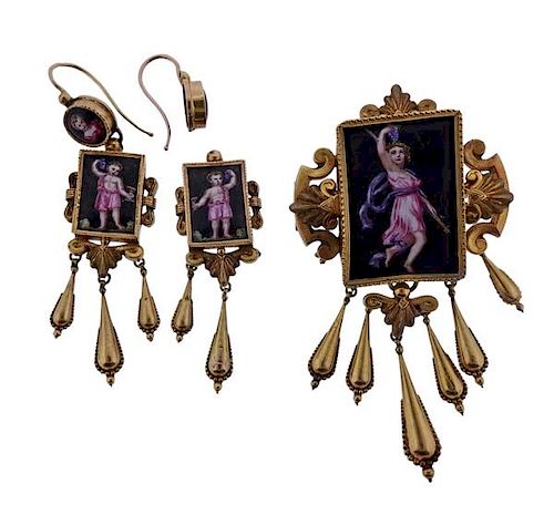Antique Victorian 18k Gold Miniature Painting Brooch Earrings Set