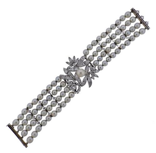 Mid Century Platinum Diamond Pearl Bracelet 