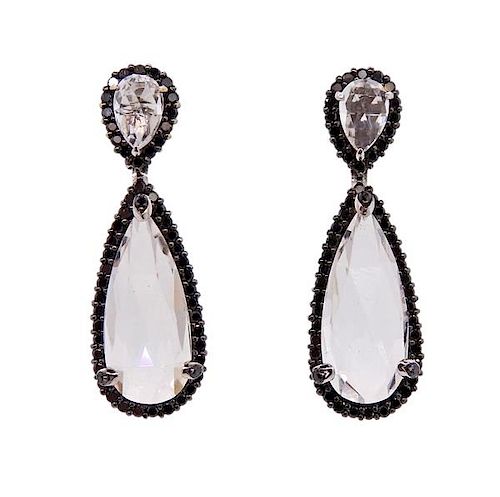 18K Gold Black Diamond Quartz Drop Earrings