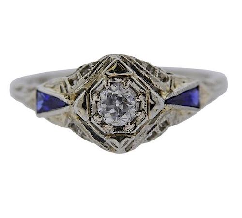 Filigree 18K Gold Diamond Blue Stone Ring