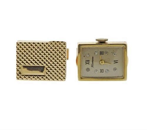 Mid Century 14k Gold Diamond Box Watch Cufflinks