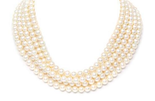 A 14 Karat Yellow Gold Multi Strand Cultured Pearl Necklace,
