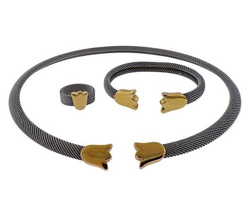 Tous 18K Gold Stainless Steel Mesh Necklace Bracelet Ring Set