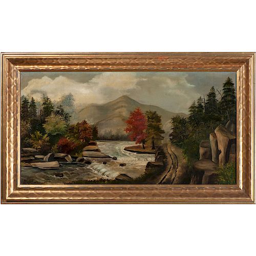 American School Naive Painting, Fall with Stream, Signed W. F. Hall