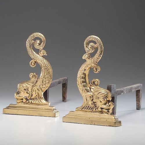 Early Cast Brass Dolphin Andirons