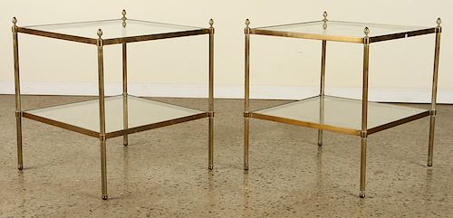 PAIR FRENCH BRONZE 2 TIERED GLASS END TABLES 1960