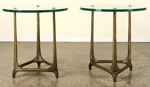 RARE PAIR BRONZE GLASS TRIANGLE SIDE TABLES C1930