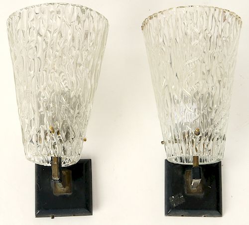 PAIR BRONZE SCONCES HEAVY GLASS SHADES C.1950