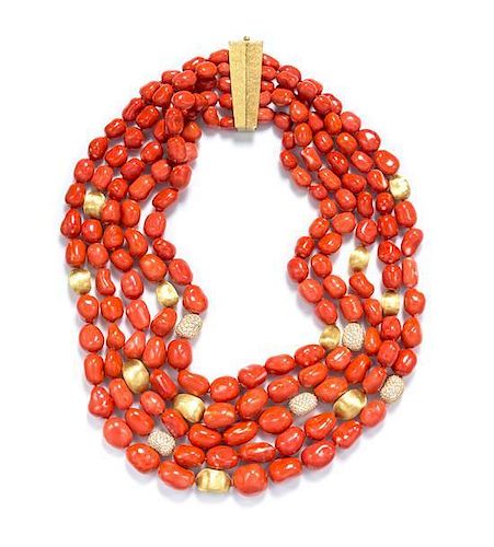 An 18 Karat Yellow Gold, Coral and Diamond Multi Strand Necklace, Henry Dunay, 535.10 dwts.
