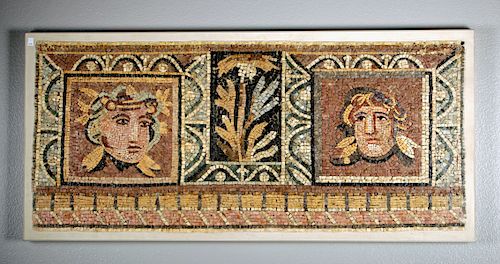 Roman Stone Mosaic - Two Theater Masks & Botanical