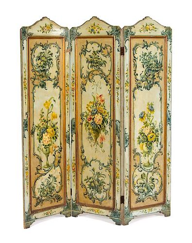 A Continental Painted Three-Panel Floor Screen Height 67 x width of each panel 18 inches.