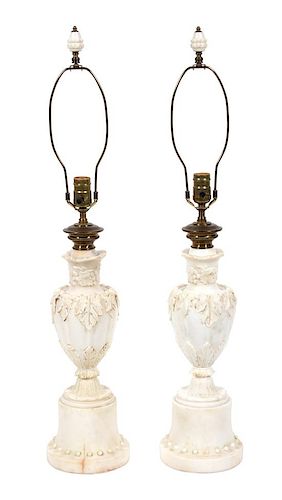 A Pair of Italian Carved Alabaster Urn-form Table Lamps Height overall 32 3/4 inches.